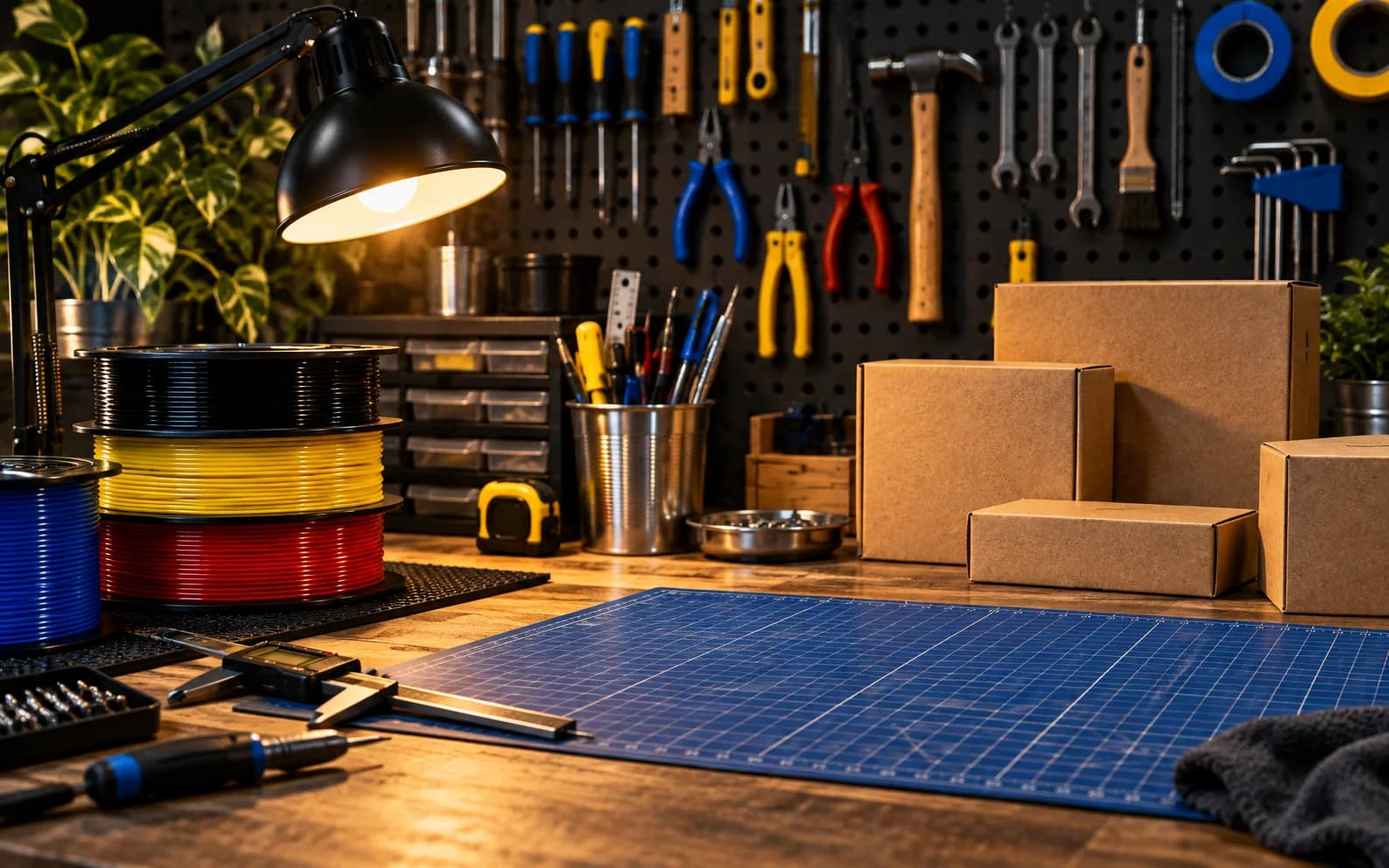An organized maker workbench with tools, filament, calipers, a cutting mat, and unmarked boxes