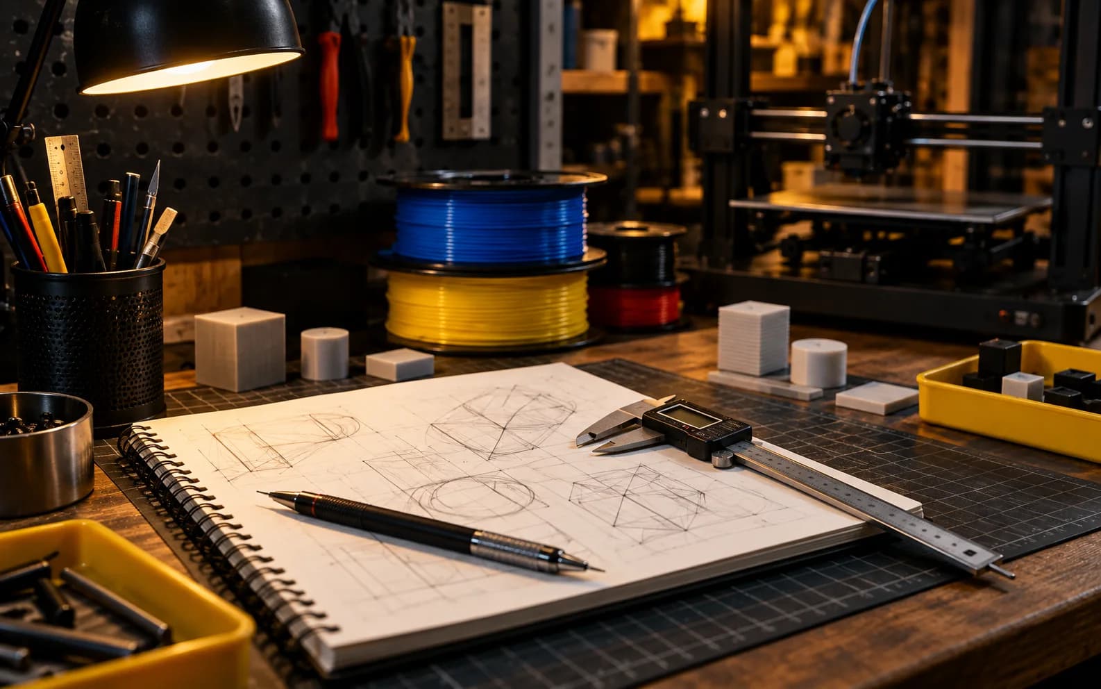 A workshop sketchbook with abstract construction lines beside calipers, test forms, filament, and a printer